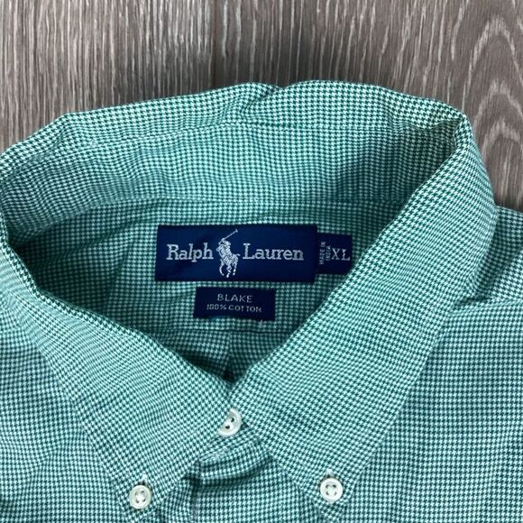 Ralph Lauren BLAKE Cotton Button Down Shirt Pony Long Sleeve Green White Checker - Picture 2 of 5